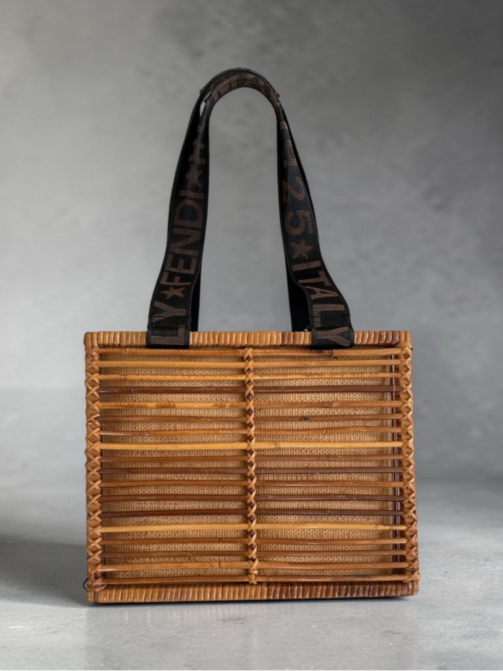 Fendi Rattan Tan Brown Woven Tote with Black Logo Straps